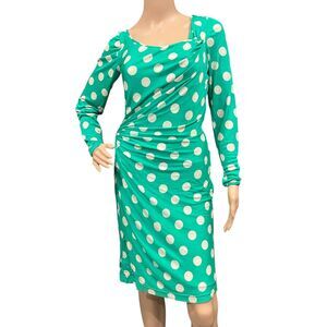 EMANUEL UNGARO Parallele VTG 1980s Green & White Polka Dot Ruched Midi Dress 8